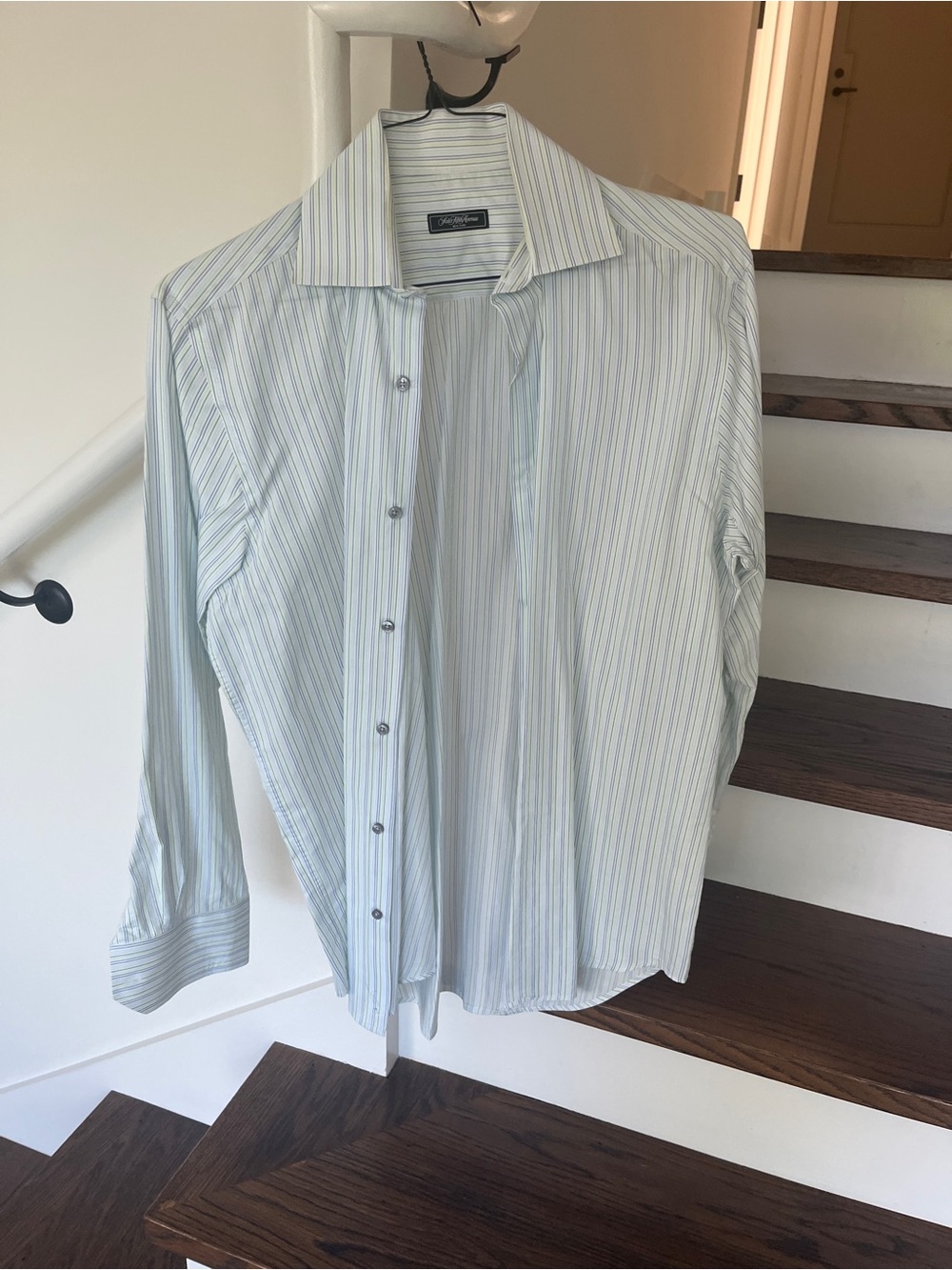 Saks Fifth Avenue Men's Pale Blue and White Striped Dress Shirt